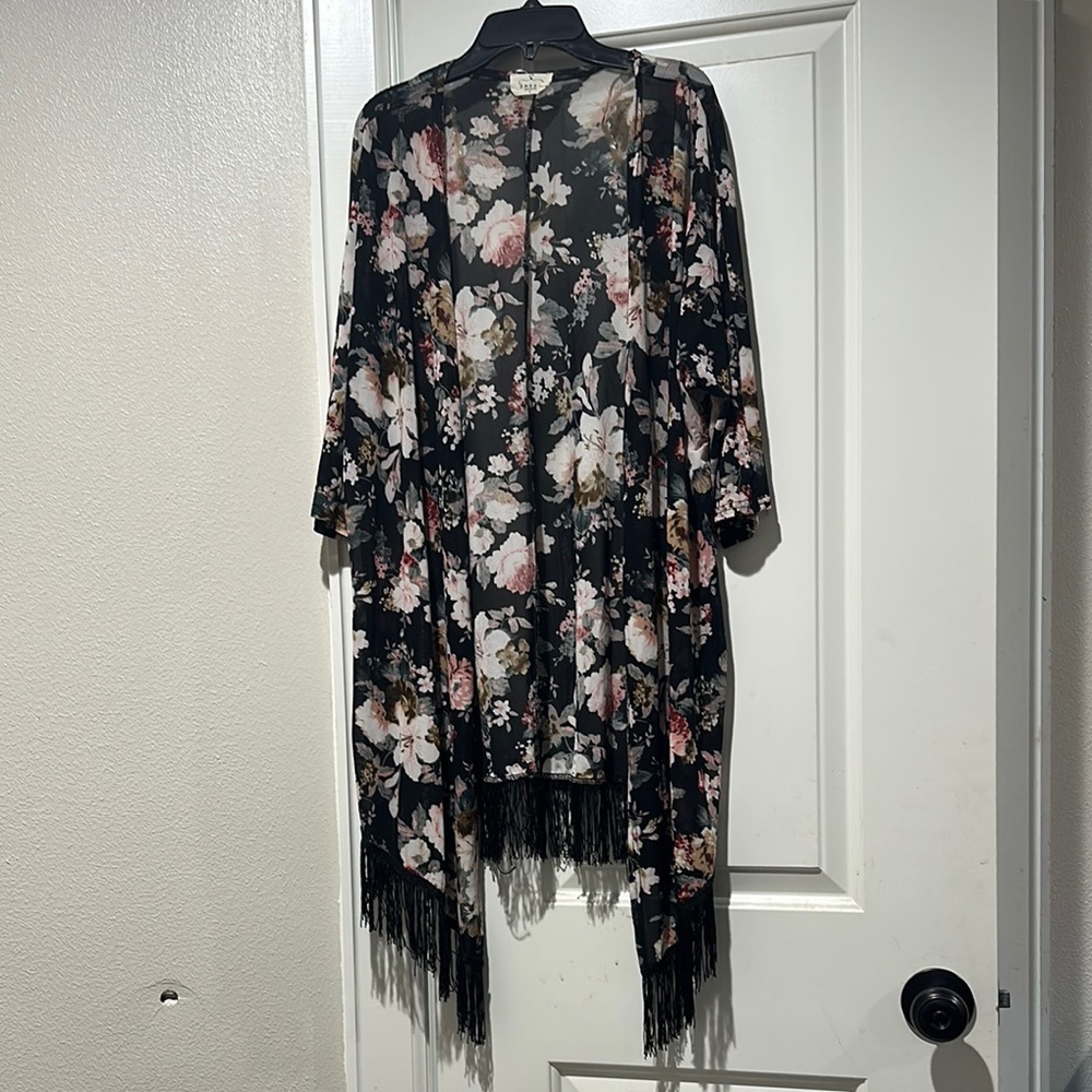 Romantic Black and Pink Floral Cape with Fringe